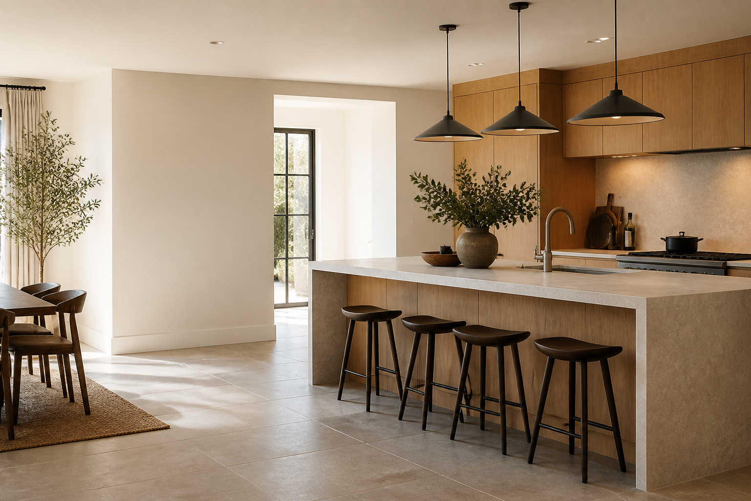 Warm modern kitchen with oak cabinetry and a stone island