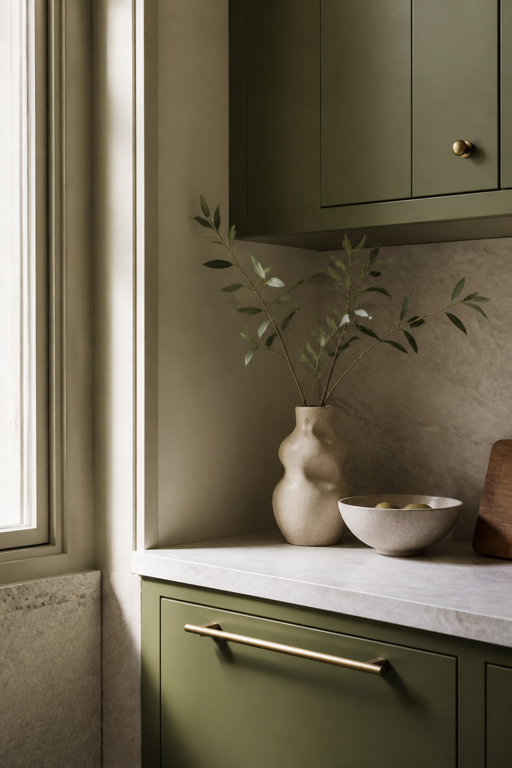 Olive kitchen cabinetry and warm stone material detail